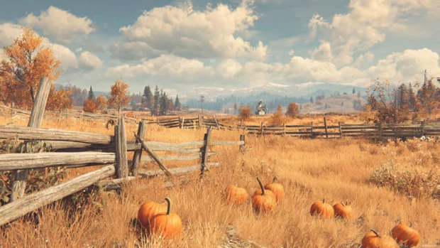 Golden meadows in the heart of Beautiful Fall, with rustic fences and scattered pumpkins under soft sunlight.