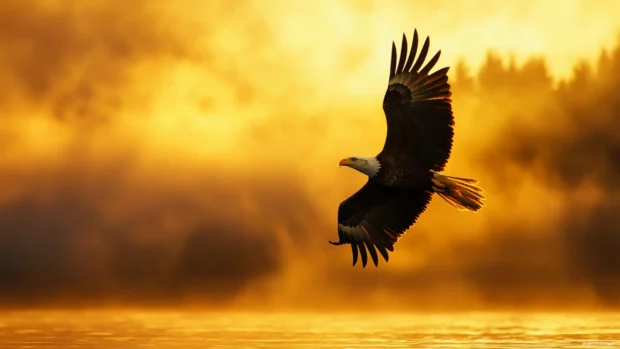 Golden sky behind a majestic Bald Eagle flying above the lake.