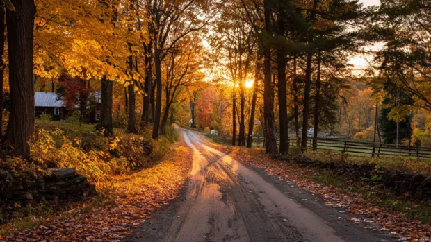Golden sunlight illuminating layers of fall leaves along a charming country road surrounded by autumn woods.