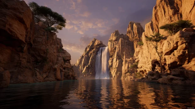 Golden sunlight reflecting on the Waterfall as it flows over sharp cliffs in a serene 4K landscape.
