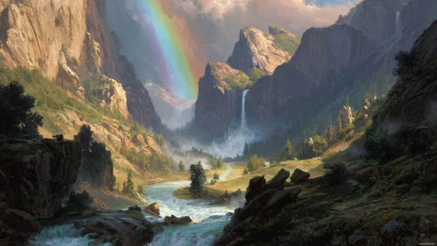 Golden sunlight reveals a beautiful rainbow above the roaring Waterfall in a vibrant valley.