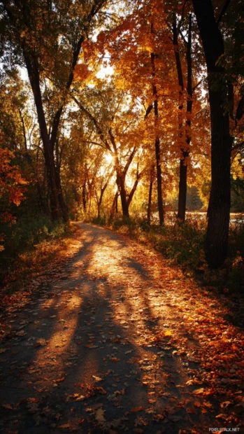 Golden sunlight shining through a canopy of Fall leaves, casting warm shadows on the path.