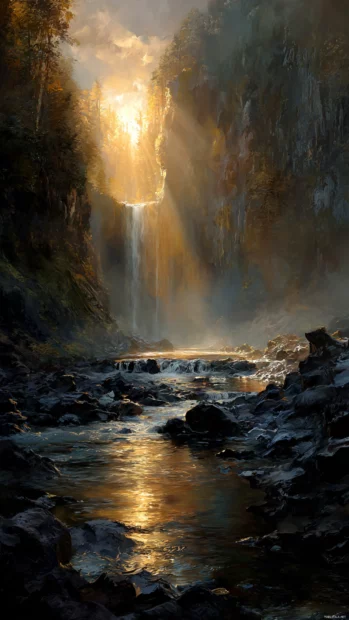 Golden sunlight streaming through mist as a majestic Waterfall cascades into a rocky basin.