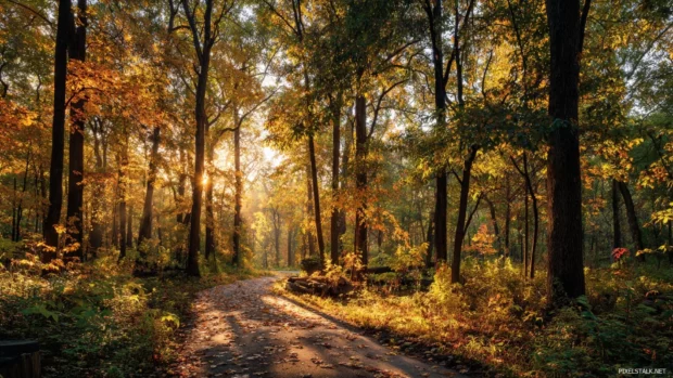 Golden sunlight streaming through the canopy of fall trees in a peaceful woodland setting.