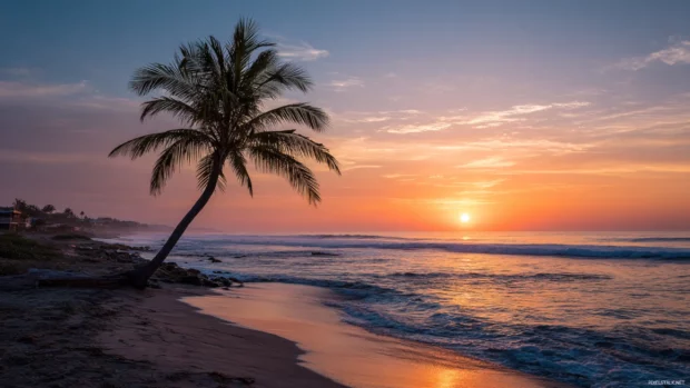 Golden sunset casting soft light over a peaceful beach with a silhouette of a graceful palm tree.