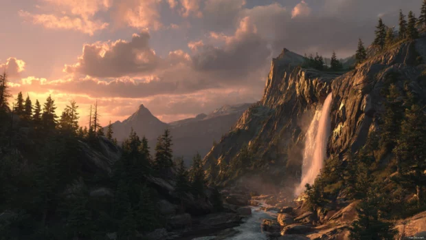 Golden sunset illuminating a tall Waterfall in a tranquil mountain valley.