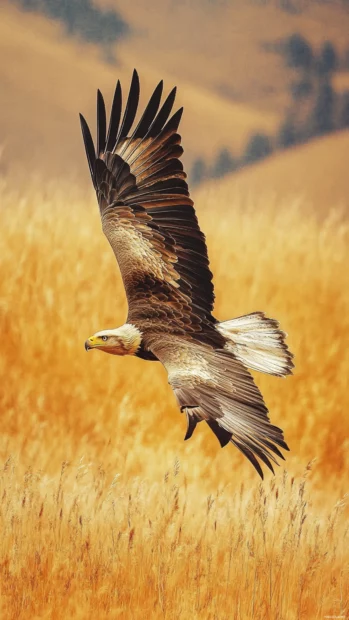 Graceful eagle in flight above a golden meadow.