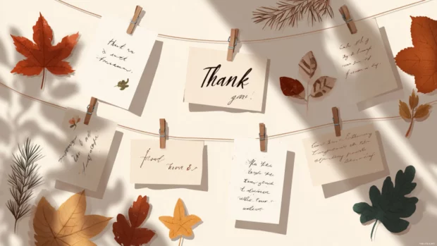Gratitude Thanksgiving wallpaper presenting handwritten thankful notes pinned with autumn leaf clips and soft light.