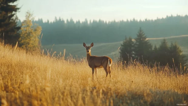 Grazing cool deer on a gentle hillside during golden hour.
