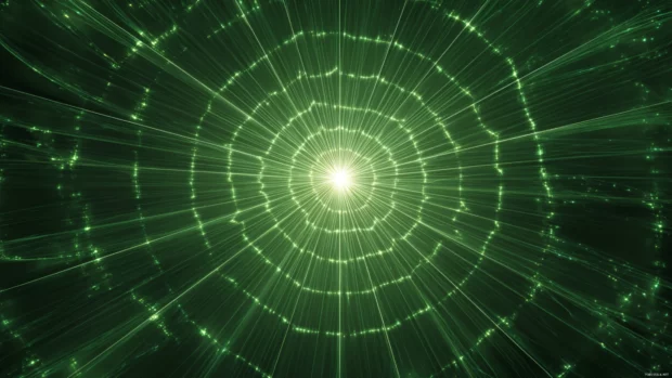 Green Geometric composition featuring radial lines converging toward a glowing center.