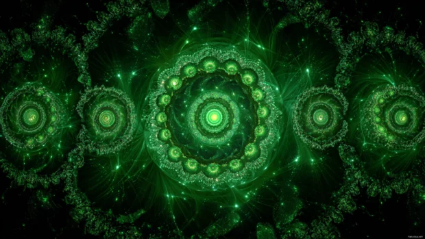 Green Geometric fractal spirals expanding in a symmetrical layout with glowing details.