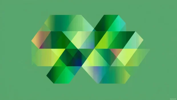 Green Geometric illusion created by overlapping transparent shapes in various hues.