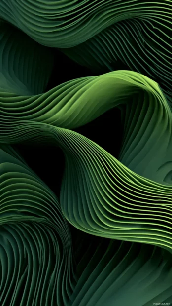 Green Geometric mobile pattern with curved ribbon like structures in modern layout.