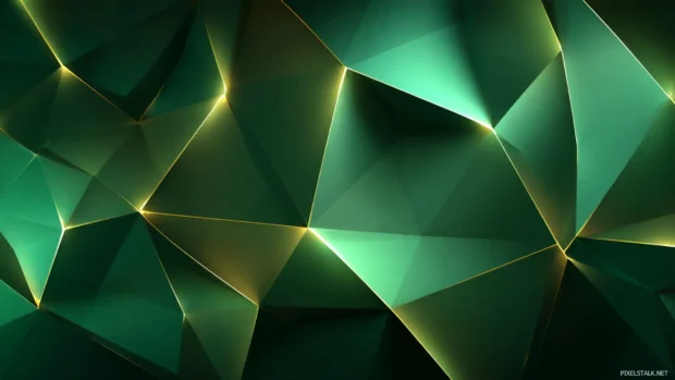 Green Geometric wallpaper with layered polygonal shapes and soft lighting on a dark background.
