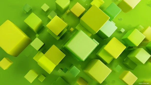 Green geometric desktop wallpaper showcasing floating 3d cubes in vibrant lime hues with soft shadow depth.