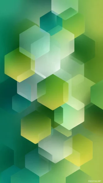 Green geometric phone wallpaper hd translated to widescreen with gentle hexagon gradient and shadow accents.