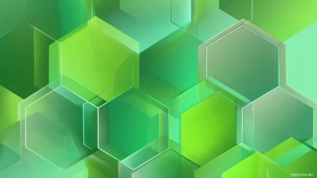 Green geometric wallpaper hd featuring overlapping translucent hexagons on soft emerald gradient canvas.