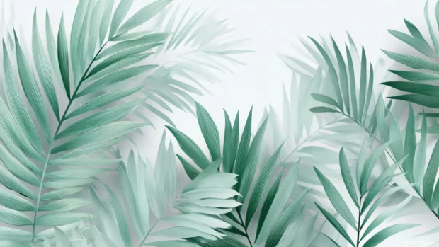 Green palm leaf wallpaper illustrating soft pastel green palm shapes floating over white backdrop for calm desktop view.
