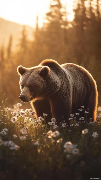 Grizzly bear sniffing wildflowers near a forest edge, warm natural light.