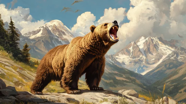 Grizzly bear wallpaper featuring a powerful bear roaring in a mountainous landscape.