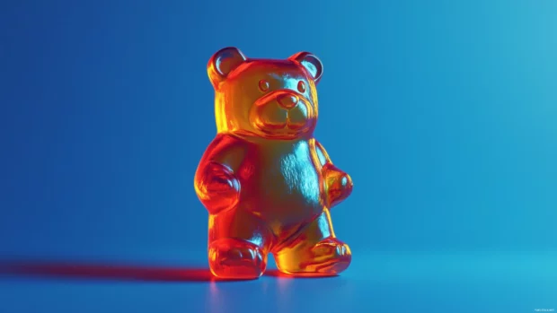 Gummy bear 4K wallpaper presenting a detailed gummy bear image on a simple background.