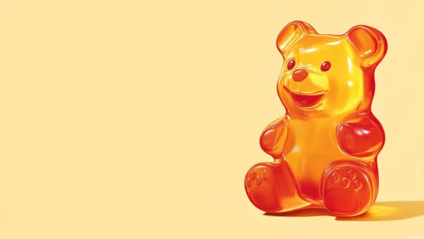 Gummy bear cartoon wallpaper depicting a smiling gummy bear character on a light yellow background.