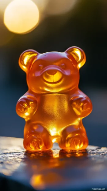 Gummy bear close up with soft blur background.