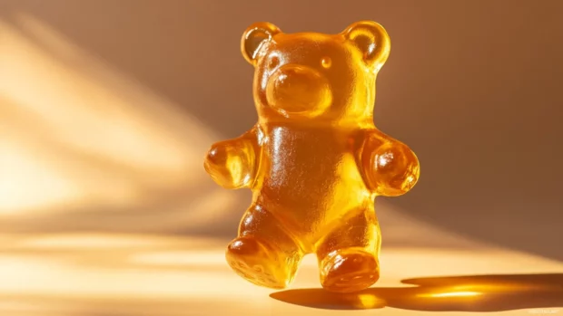 Gummy bear floating with soft shadows and light tones.