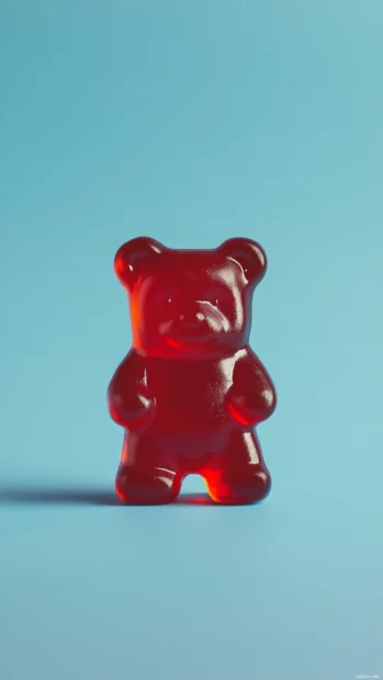 Gummy bear iPhone wallpaper displaying a solitary red gummy bear on a plain light blue background.