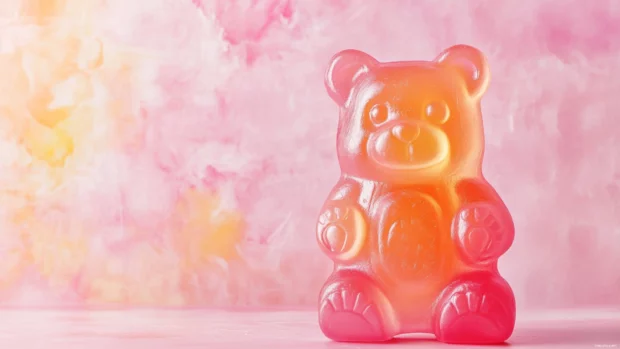 Gummy bear in soft pastel tones on a minimal background.