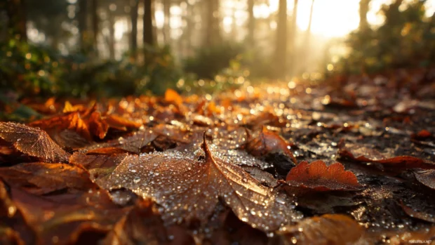 HD autumn landscape wallpaper featuring close up of dew kissed leaves carpeting the forest floor at sunrise.