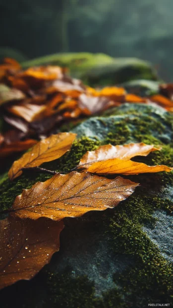 HD fall leaves iphone wallpaper depicting crisp dewy leaves close‑up on mossy rock under early morning light.