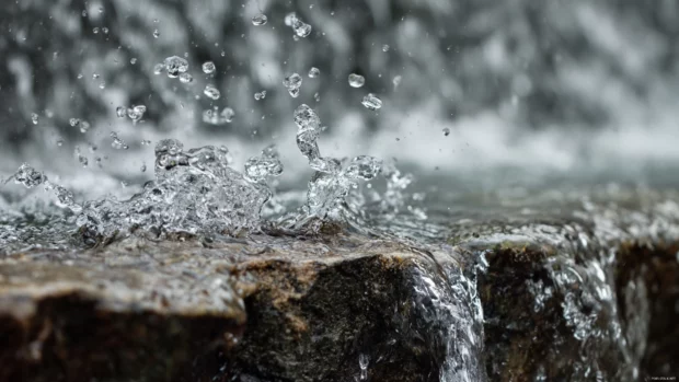 HD waterfall 4k wallpaper capturing close up of crystal water droplets splashing on rock ledge in high detail.