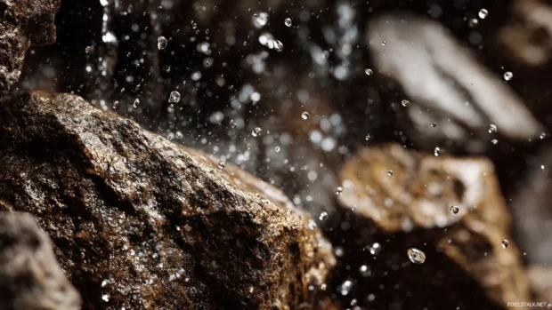 HD waterfall wallpaper focusing on close up water droplets sparkling as they tumble over rugged rocks.