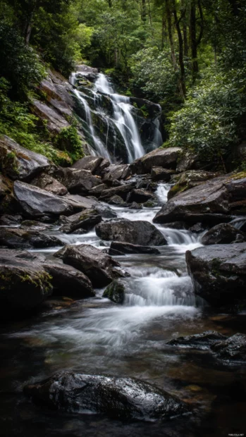 HD waterfall wallpaper iPhone illustrating silky white water cascading over dark rocks against forest backdrop.