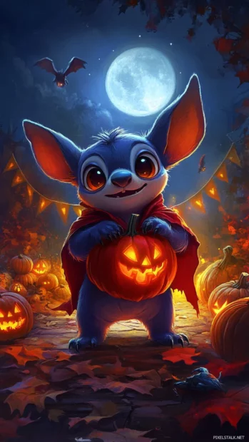 Halloween Stitch dressed as a vampire under the moonlight with spooky decorations.