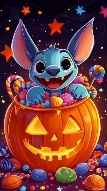 Halloween Stitch sitting inside a jack o lantern.