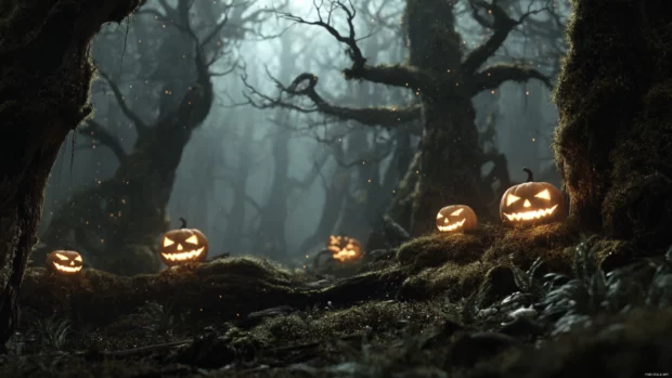 Halloween dark fall wallpaper portraying eerie jack o lanterns flickering on mossy logs beneath skeletal trees.