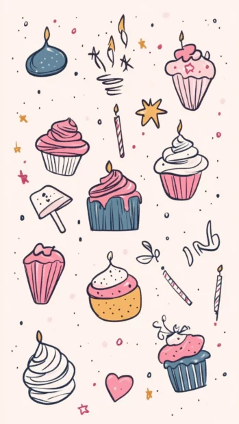 Hand drawn birthday icons scattered over soft background, aesthetic mood.