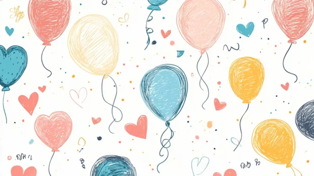 Hand drawn style birthday balloon wallpaper with doodles and hearts.