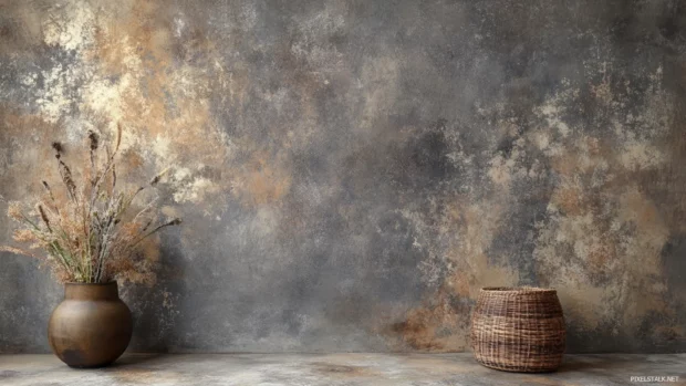 Hand painted abstract wallpaper with Earth tone motifs and brush textures.