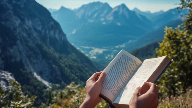 Hands holding a Book with a scenic mountain view in the distance.