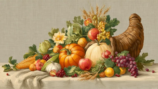 Harvest Thanksgiving wallpaper illustrating cornucopia spilling fruits and vegetables onto rustic linen cloth.
