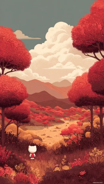 Hello Kitty admiring a vibrant fall landscape filled with trees in shades of red and gold.