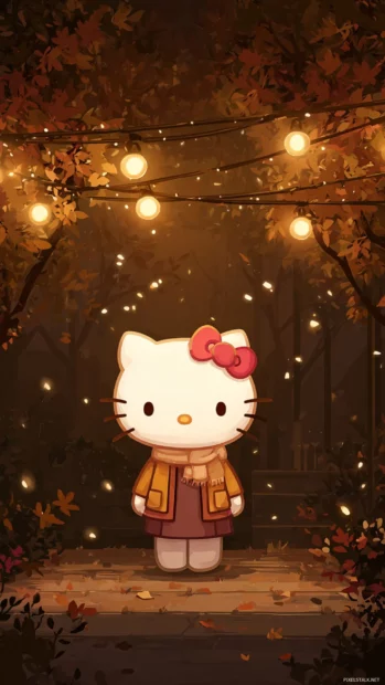 Hello Kitty autumn vibes wallpaper iPhone style showcasing Kitty under twinkling warm string lights in autumn night.