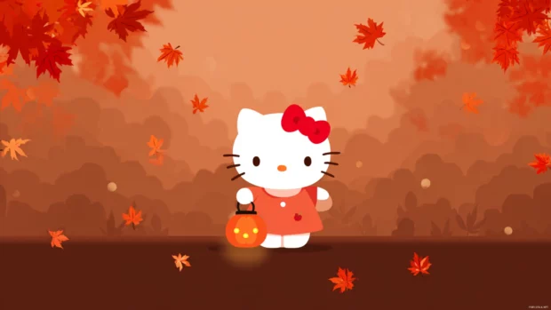 Hello Kitty autumn wallpaper showing Kitty holding a pumpkin lantern under falling maple leaves.