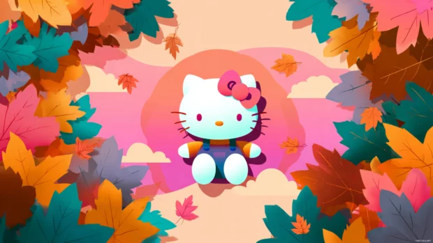 Hello Kitty enjoying a crisp fall day surrounded by colorful autumn leaves.