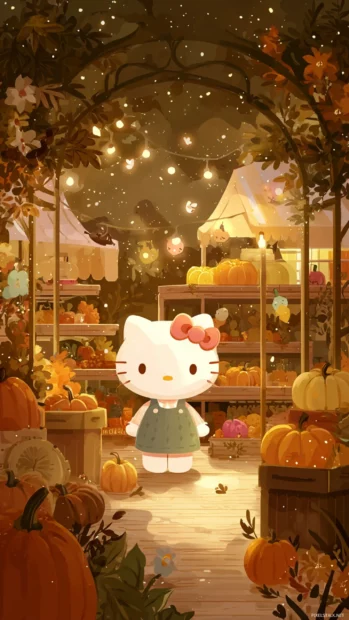 Hello Kitty enjoying a fall harvest festival with warm lights, pumpkins, and colorful leaves.