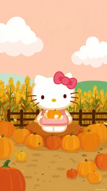 Hello Kitty enjoying a pumpkin patch adventure on a sunny fall day.