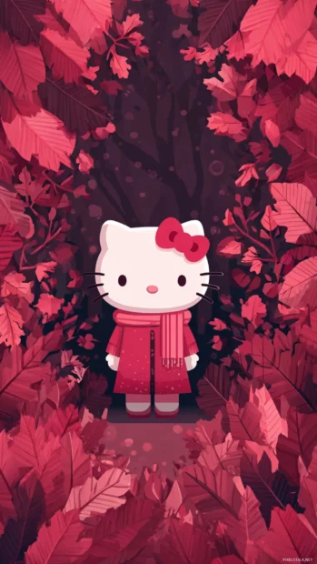 Hello Kitty fall 4k wallpaper iPhone design featuring high detail leaves pattern framing Kitty in serene pose.